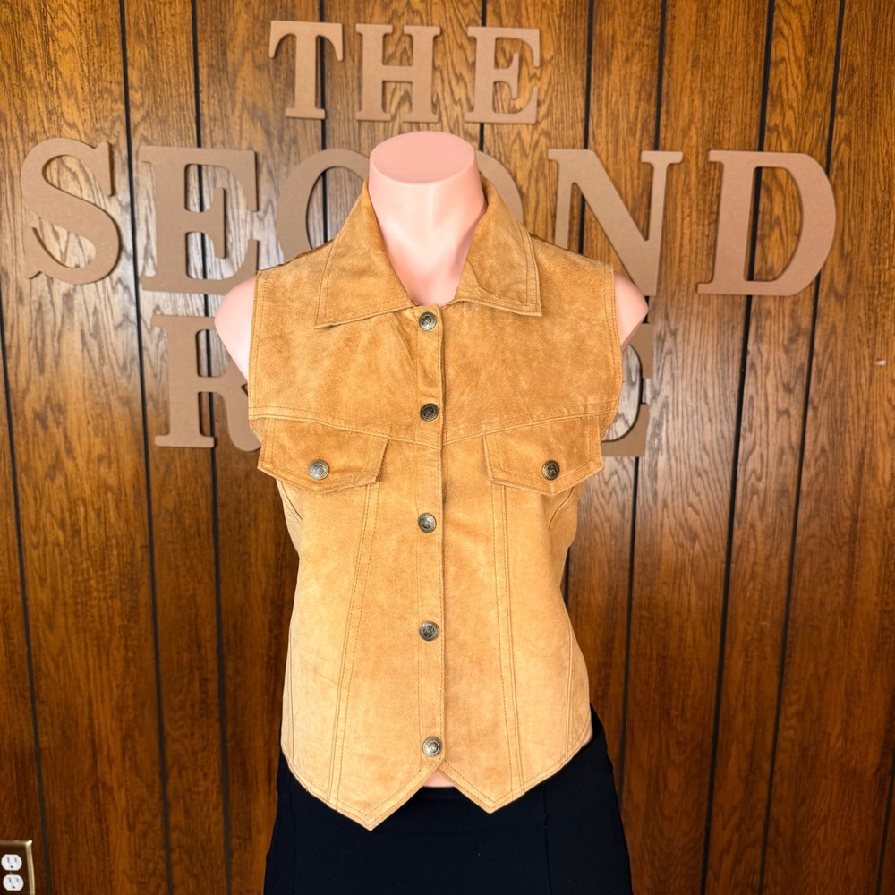 Tan Western Vintage Suede Leather Vest TWS Women M Boho Cottagecore 70s Retro